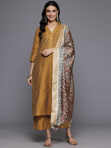 Varanga Women Mustard Jacquard Kurta Set With Dupatta